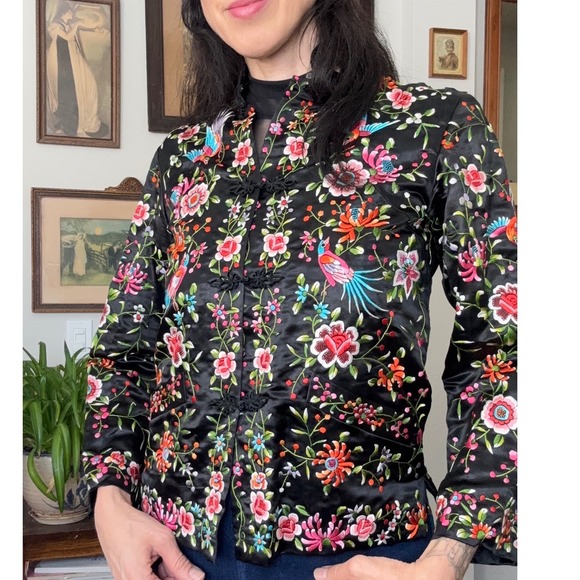 Plum Blossoms Jackets & Blazers - Vintage Plum Blossoms Silk Embroidered Jacket Black Floral Bird Mandarin Size 34